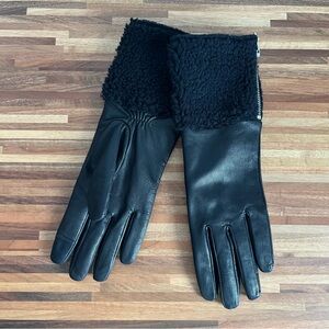 AllSaints Shearling Black Leather Gloves with Black Shearling cuff Zip